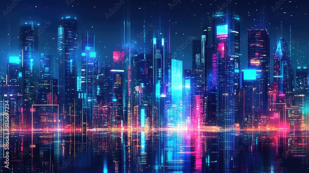 Fototapeta premium Futuristic urban skyline with skyscrapers illuminated by neon lights and digital displays. Digital illustration.