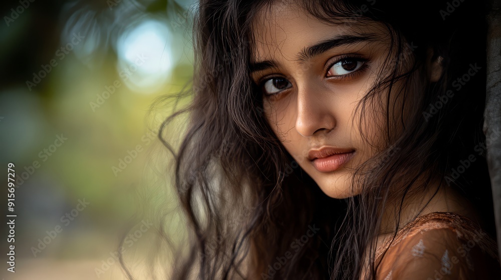 A young model with flowing hair gazes thoughtfully at the viewer, exuding elegance A young model with flowing hair gazes thoughtfully at the viewer, exuding elegance