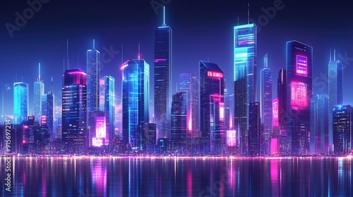 Futuristic urban skyline with skyscrapers illuminated by neon lights and digital displays. Digital illustration.