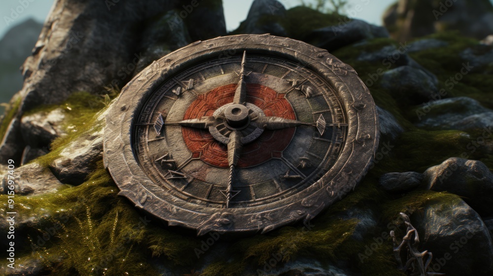 Ancient Compass on a Mossy Rock Ancient Compass on a Mossy Rock