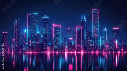 Glowing neon lights brighten a futuristic night cityscape with skyscrapers and modern buildings. Dark background with a cyberpunk flair.