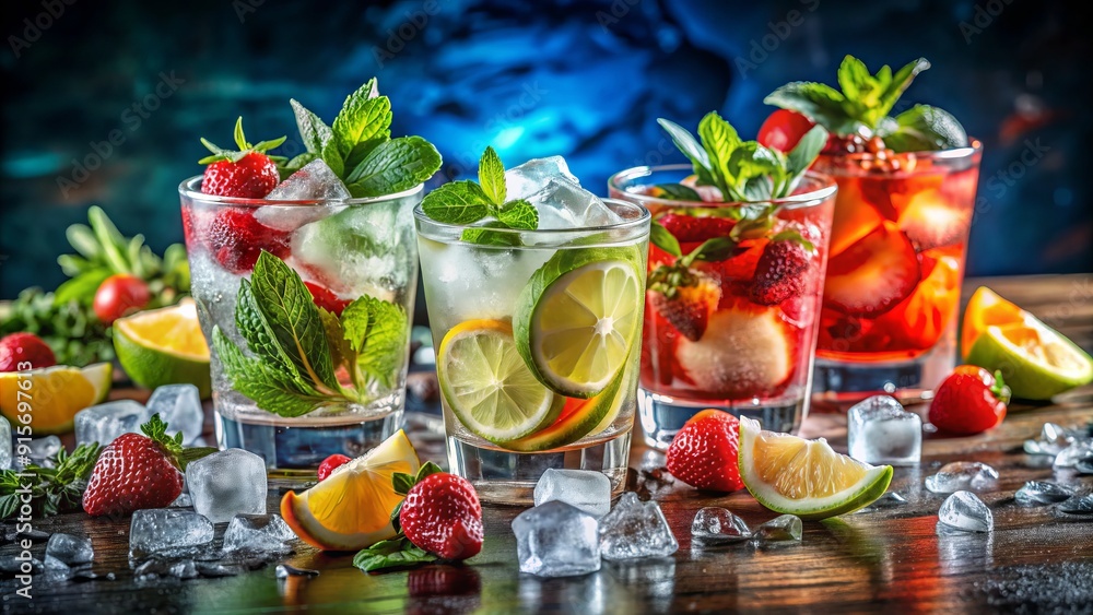 Cool, refreshing vodka cocktails on ice, garnished with fruits and herbs, illustrated in a colorful, stylized manner, perfect for summer party promotions and advertisements. Cool, refreshing vodka cocktails on ice, garnished with fruits and herbs, illustrated in a colorful, stylized manner, perfect for summer party promotions and advertisements.