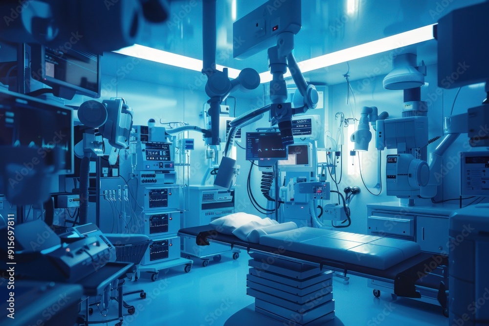 High-tech surgical room brimming with medical devices. High-tech surgical room brimming with medical devices.