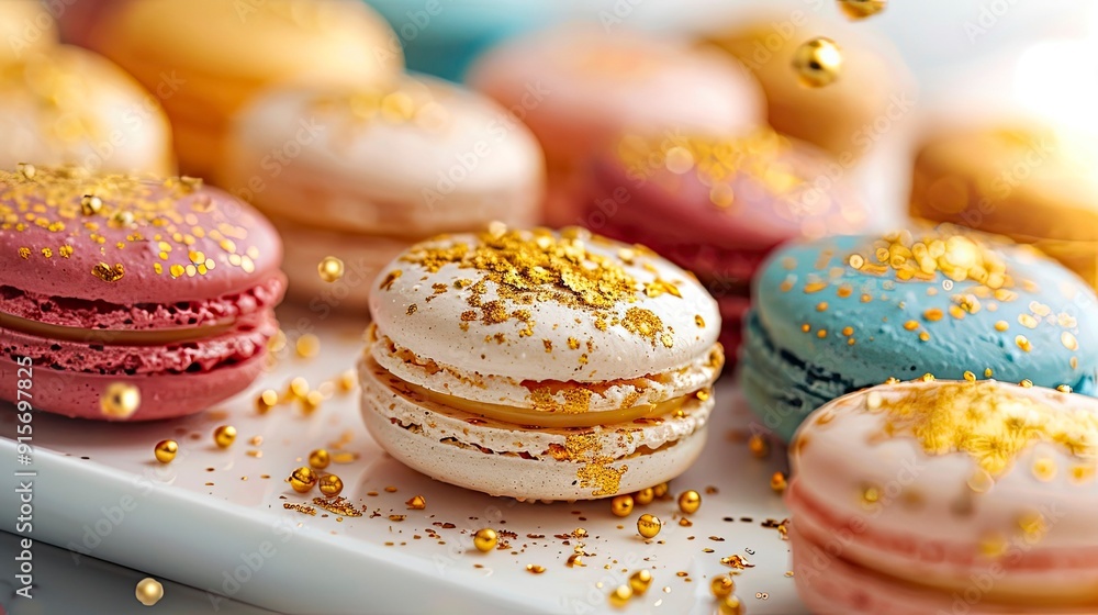Delicate, hand-crafted macarons in a vibrant array of colors, arranged on a pristine white platter with a sprinkling of edible gold dust. Delicate, hand-crafted macarons in a vibrant array of colors, arranged on a pristine white platter with a sprinkling of edible gold dust.