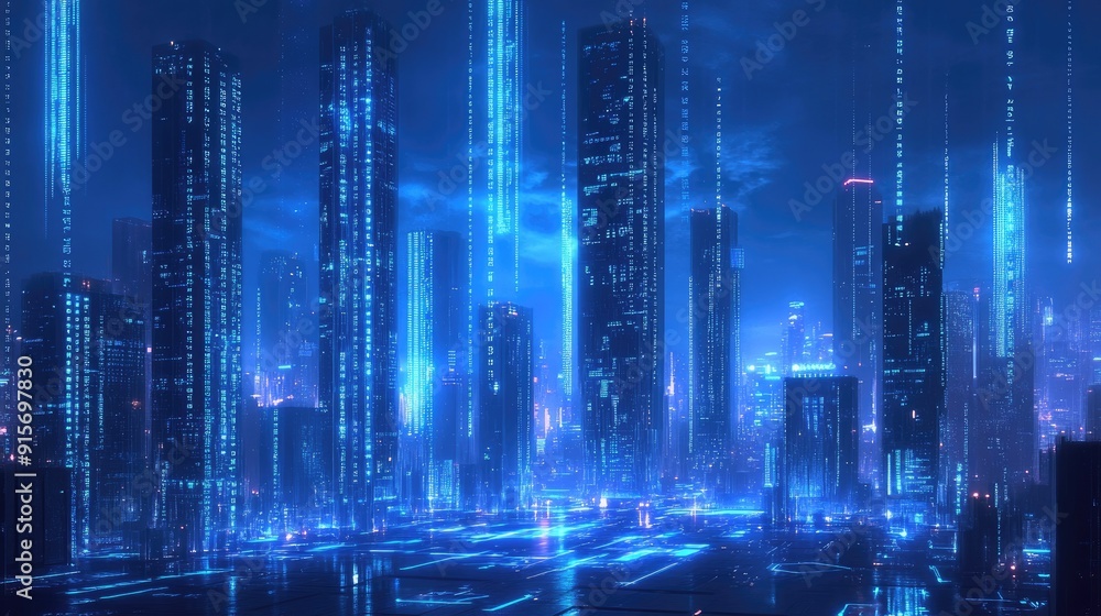 High-tech metropolis glowing in neon blue with binary code streaming through the skyline. Symbolic of digital innovation and data flow. High-tech metropolis glowing in neon blue with binary code streaming through the skyline. Symbolic of digital innovation and data flow.