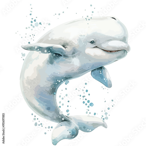 vector illustration of a cartoon Beluga whale animation, painted with watercolor, isolated on a white background.