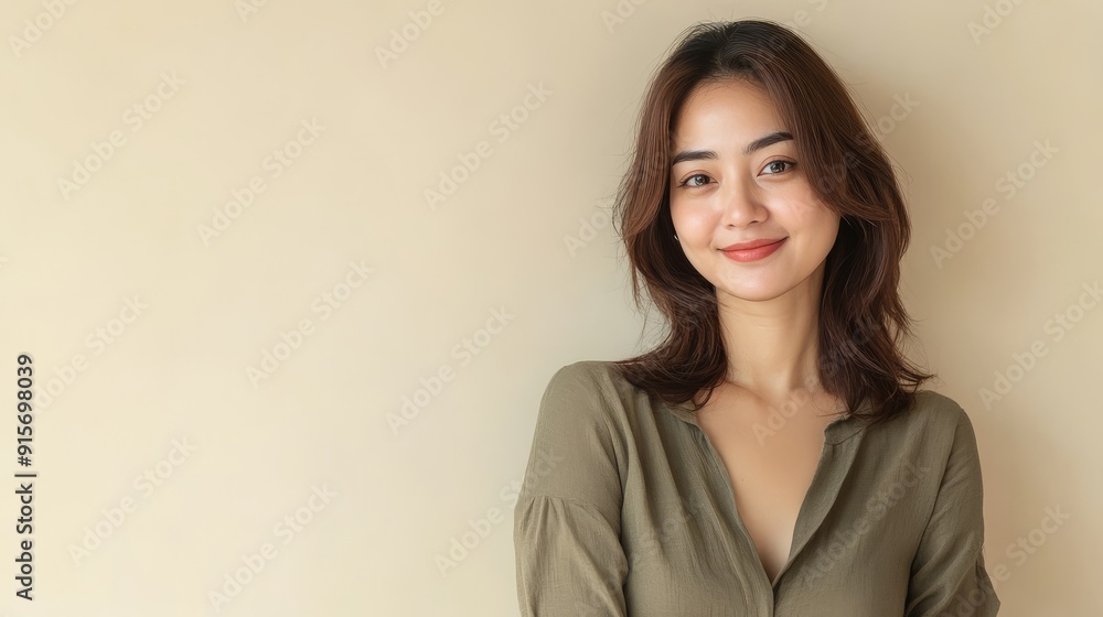 Mid-age model smiles warmly against a soft, neutral backdrop Mid-age model smiles warmly against a soft, neutral backdrop