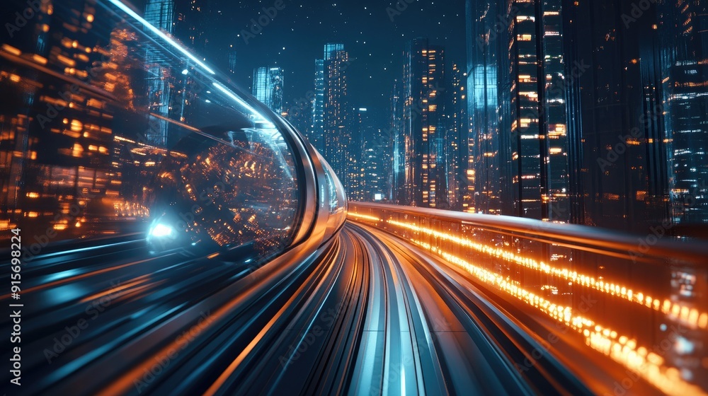 Fototapeta premium Hyperloop racing through a nighttime cityscape with lights from skyscrapers creating a blur. 3D rendering of futuristic transport and tech.
