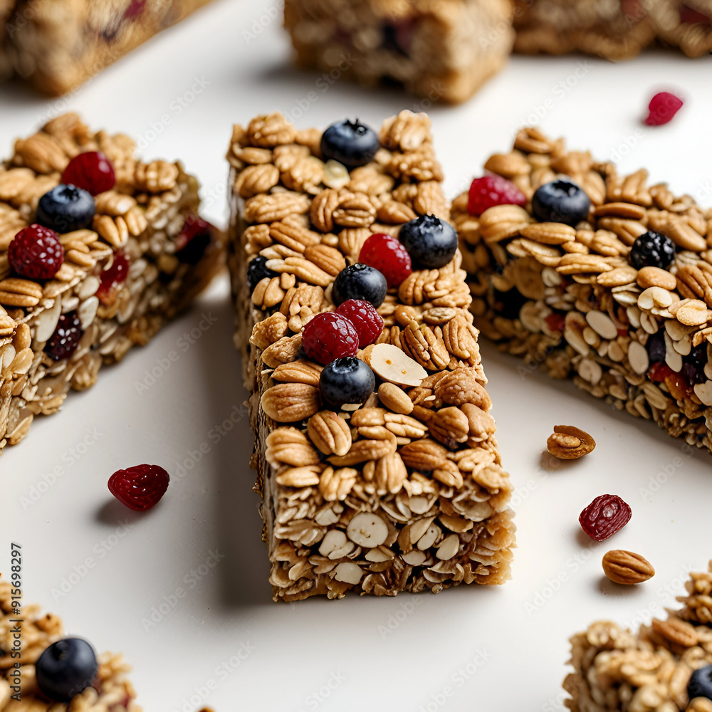 Healthy granola bar isolated on white background. A crunchy granola bar studded with almonds, dried cranberries, peanuts, and rolled oats, a delicious and nutritious on-the-go snack, Ai generative Healthy granola bar isolated on white background. A crunchy granola bar studded with almonds, dried cranberries, peanuts, and rolled oats, a delicious and nutritious on-the-go snack, Ai generative