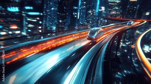 Hyperloop traveling at high speed in a nighttime urban environment. Blurred lights from buildings add to the futuristic and dynamic scene.