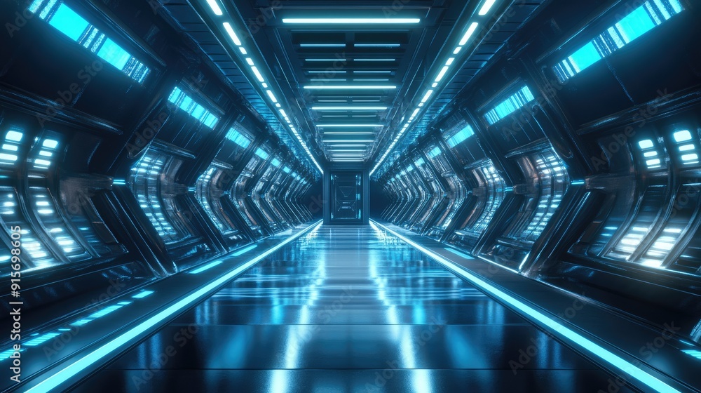 Infinite corridor with reflective textures and dynamic glowing lights. Sci-fi background. Infinite corridor with reflective textures and dynamic glowing lights. Sci-fi background.