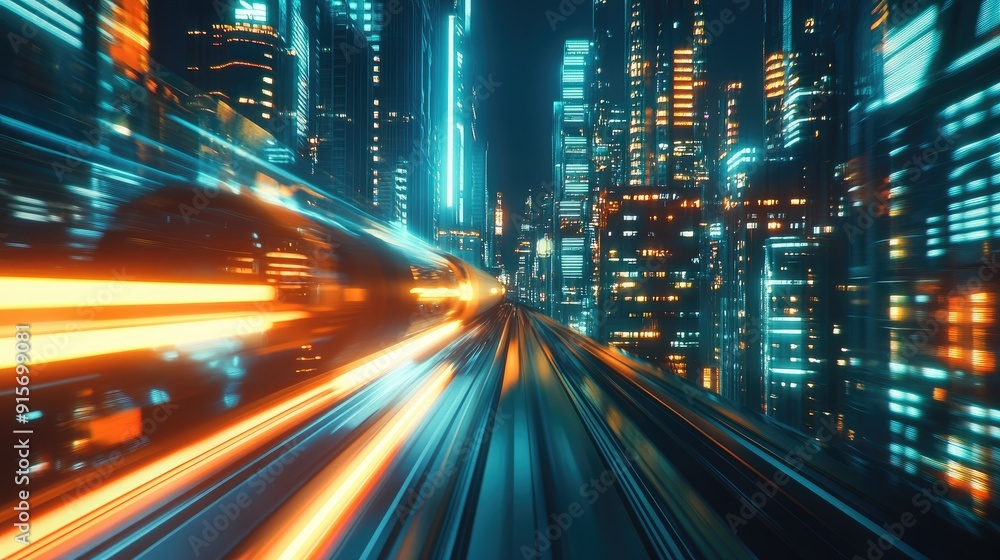 Mega city at night with a hyperloop moving at warp speed. Buildings' lights create a blur, showcasing advanced technology and futuristic design. Mega city at night with a hyperloop moving at warp speed. Buildings' lights create a blur, showcasing advanced technology and futuristic design.