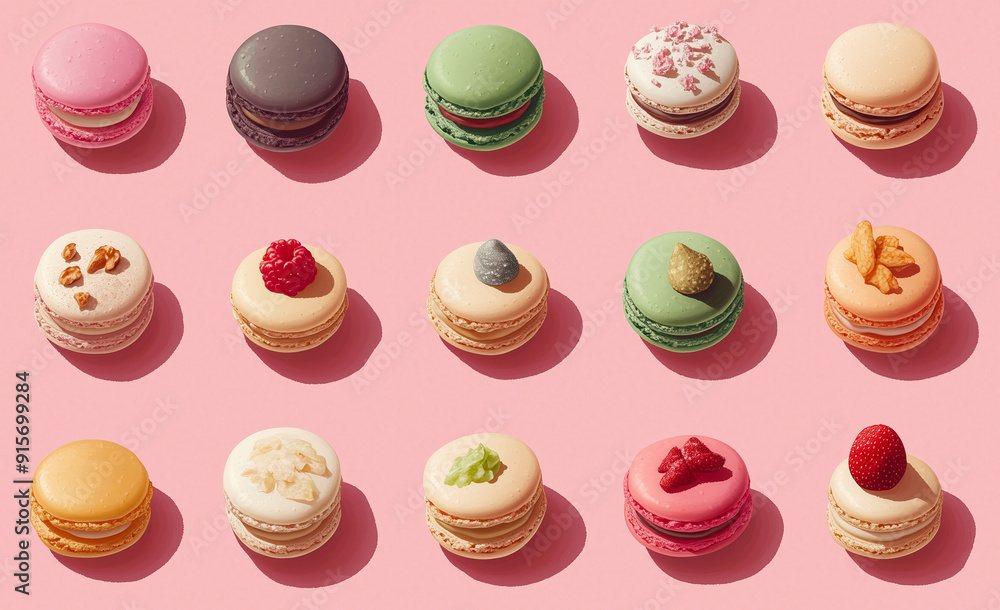 macarons and different toppings, in the style on pink color pastel background , set macarons sweet pastel on top pattern style macarons and different toppings, in the style on pink color pastel background , set macarons sweet pastel on top pattern style