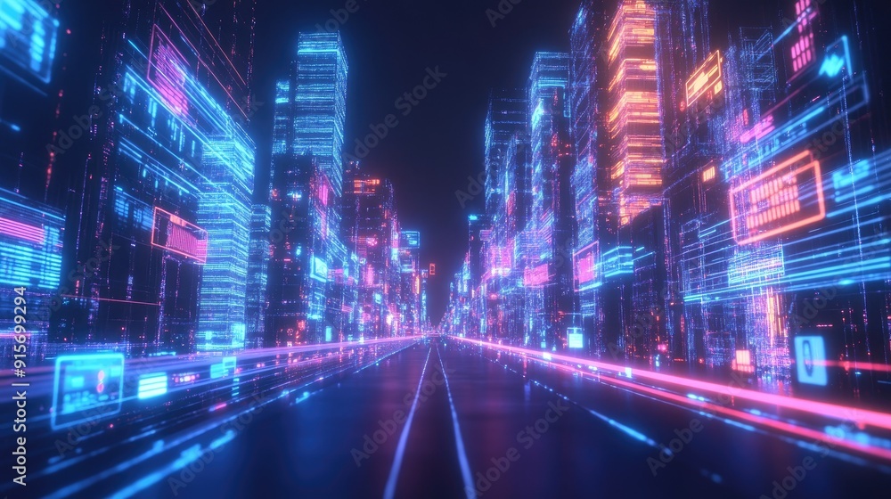 Metaverse cityscape featuring a street with blockchain technology and virtual reality elements. - Metaverse cityscape featuring a street with blockchain technology and virtual reality elements. -