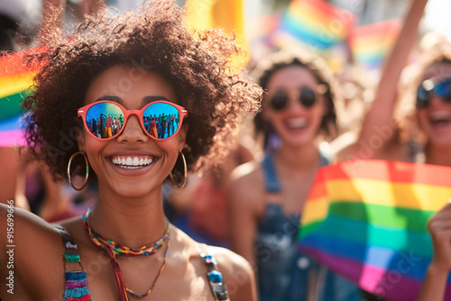 A diverse group of LGBTQ+ individuals celebrating at a pride parade, with vibrant rainbow flags in the background, lively street setting, bright natural light