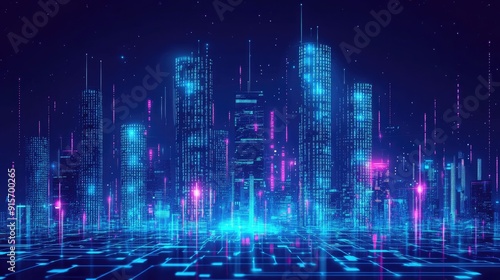 Neon blue city skyline with flowing binary code. High-tech illustration of data flow and digital innovation in an urban environment.