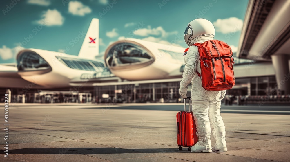 Astronaut with red backpack and suitcase waiting at airport, modern architecture backdrop Astronaut with red backpack and suitcase waiting at airport, modern architecture backdrop