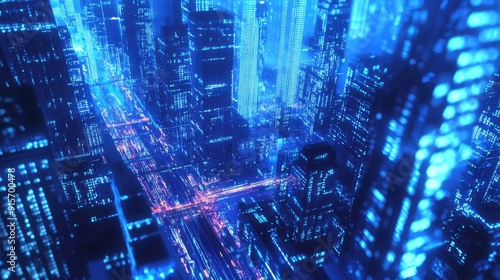 Neon blue illuminated city with streaming binary code. Depiction of digital innovation, data flow, and technological progress.