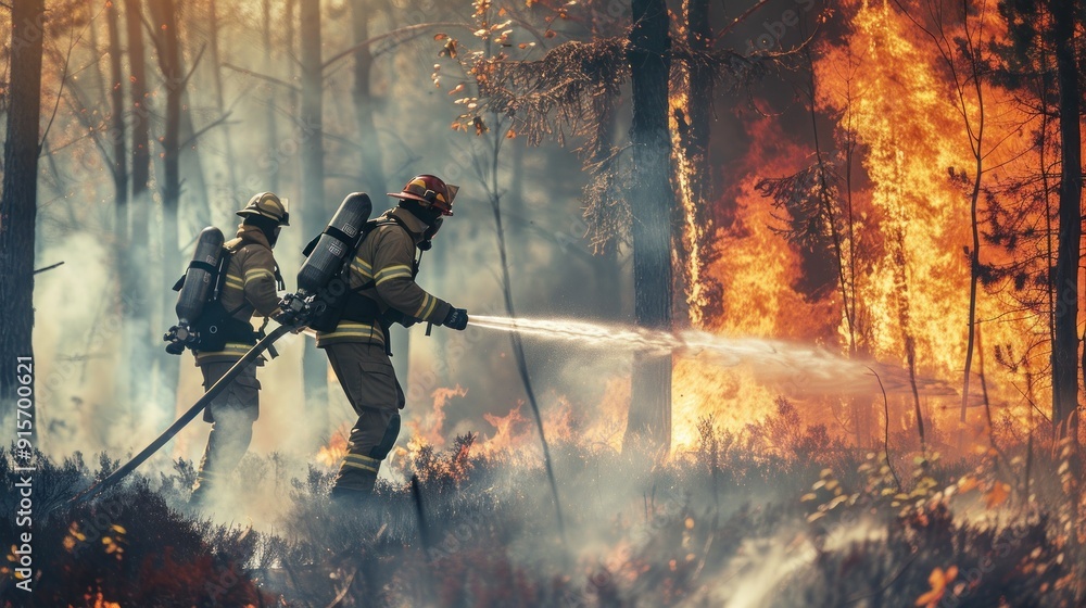 Fototapeta premium Firefighters spraying water on forest wildfire suppression.