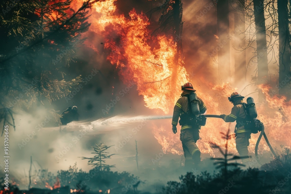 Fototapeta premium Firefighters extinguishing a forest fire with determination.
