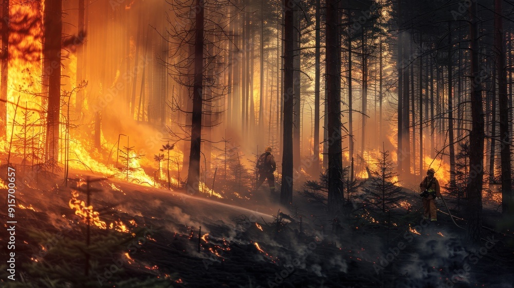 Firefighters tackle blazing wildfire in dense forest Firefighters tackle blazing wildfire in dense forest