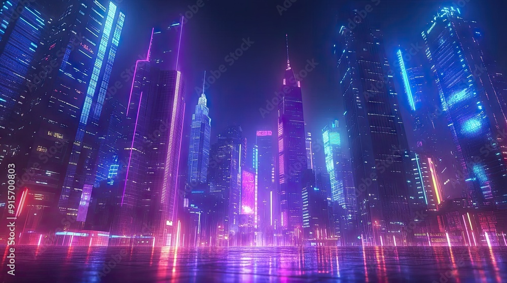 Neon glow and vivid colors in a 3D night city illustration. Skyscrapers and modern downtown buildings in a lively scene. Neon glow and vivid colors in a 3D night city illustration. Skyscrapers and modern downtown buildings in a lively scene.
