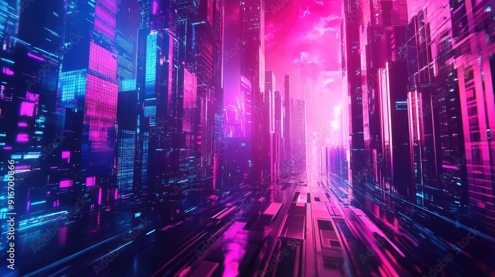 Neon lights and advanced digital architecture in a vibrant futuristic urban skyline. Digital art. Neon lights and advanced digital architecture in a vibrant futuristic urban skyline. Digital art.