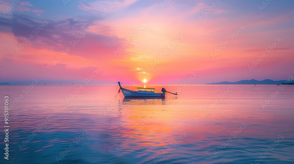 Morning sunrise pink sky, blue sea, white clouds, boat silhouette, scenic view, soft sunset colors on sea beach, beautiful sea view, boat and sun reflection on water, Morning sunrise pink sky, blue sea, white clouds, boat silhouette, scenic view, soft sunset colors on sea beach, beautiful sea view, boat and sun reflection on water,