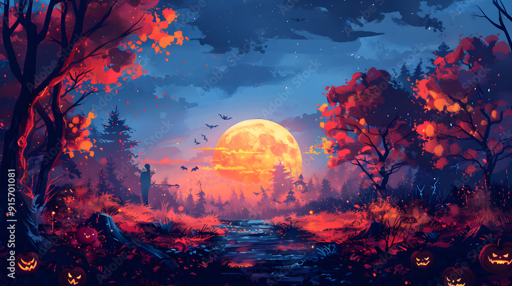 Fototapeta premium Artistic painting concept of Halloween background with pumpkin in a spooky Graveyard at night, Natural color, digital art style, illustration painting. Creative Design, Tender and dreamy design.
