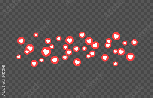 Vector flying reaction icons. Flying icons of red hearts, likes png. Social network likes, marketing, advertising, png.