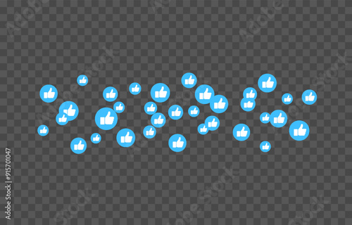 Vector flying reaction icons. Flying blue icons of thumbs up, likes png. Likes on social networks, marketing, advertising, png.