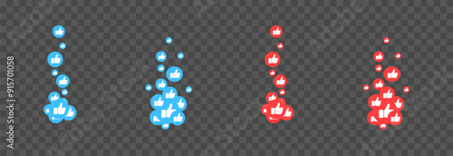 Vector flying reaction icons. Flying red and blue icons of thumbs up, likes png. Likes on social networks, marketing, advertising, png.