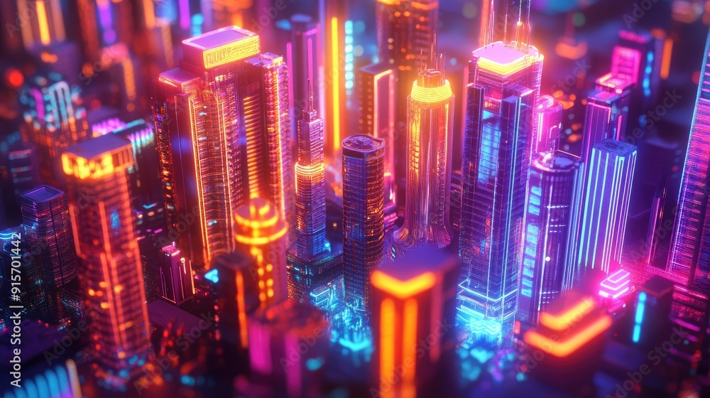 Neon-glowing 3D city with vivid colors and detailed skyscrapers. Illustration of a vibrant megapolis and downtown area. Neon-glowing 3D city with vivid colors and detailed skyscrapers. Illustration of a vibrant megapolis and downtown area.