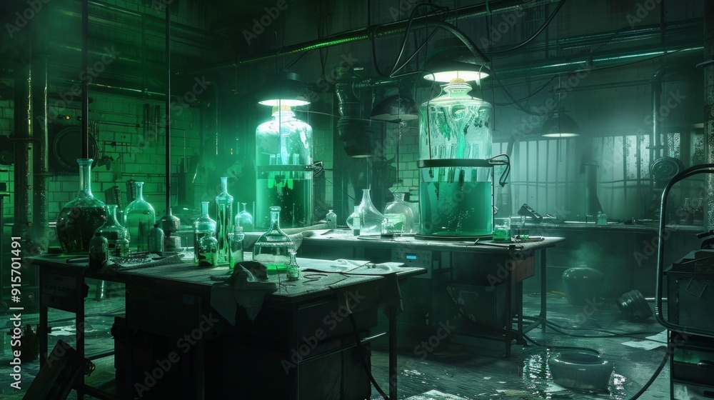 chemical laboratory with a green light chemical laboratory with a green light