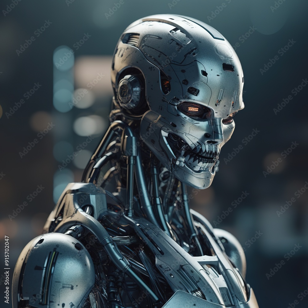Close-up of a futuristic robot with glowing red eyes. Close-up of a futuristic robot with glowing red eyes.
