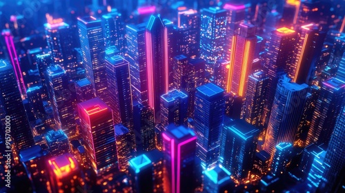 Night cityscape in 3D with neon-lit skyscrapers and vivid colors. Detailed illustration of downtown architecture.