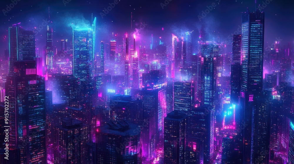 Panoramic view of a futuristic city at night, illuminated by vibrant neon lights and high-tech skyscrapers. Dark backdrop with a cyberpunk aesthetic. Panoramic view of a futuristic city at night, illuminated by vibrant neon lights and high-tech skyscrapers. Dark backdrop with a cyberpunk aesthetic.