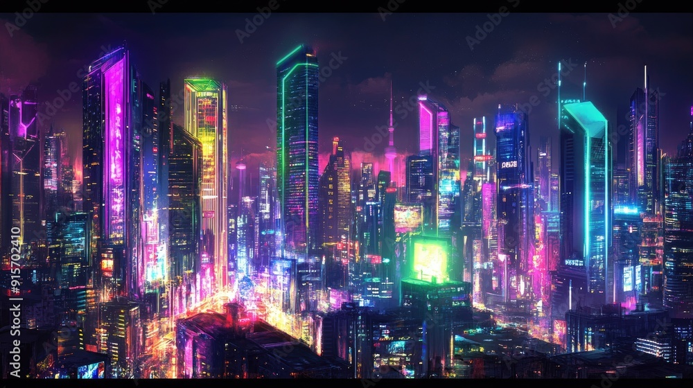 Obraz premium Panoramic view of a vibrant futuristic city at night, with bright neon lights and high-tech skyscrapers. Dark background enhances the cyberpunk theme.
