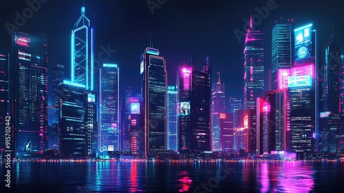 Panoramic view of a vibrant futuristic city at night, with bright neon lights and high-tech skyscrapers. Dark background enhances the cyberpunk theme. photo