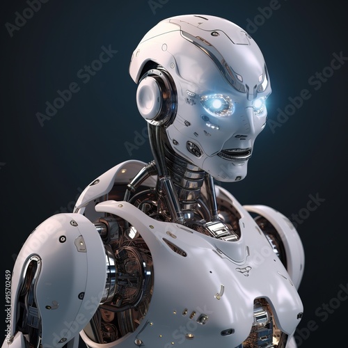 Close-up of a white humanoid robot's head with glowing eyes.