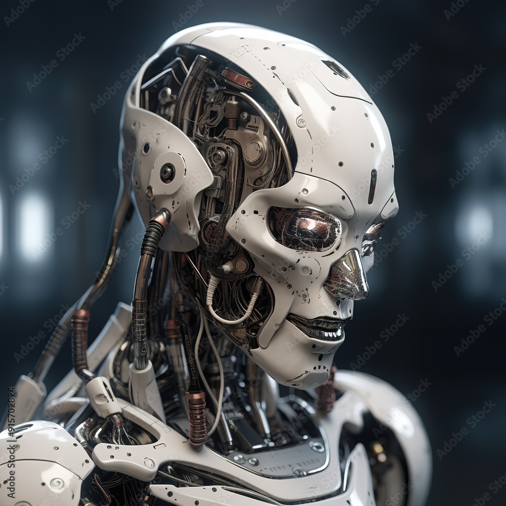 Close-up of a white humanoid robot's head, revealing intricate internal mechanisms. Close-up of a white humanoid robot's head, revealing intricate internal mechanisms.