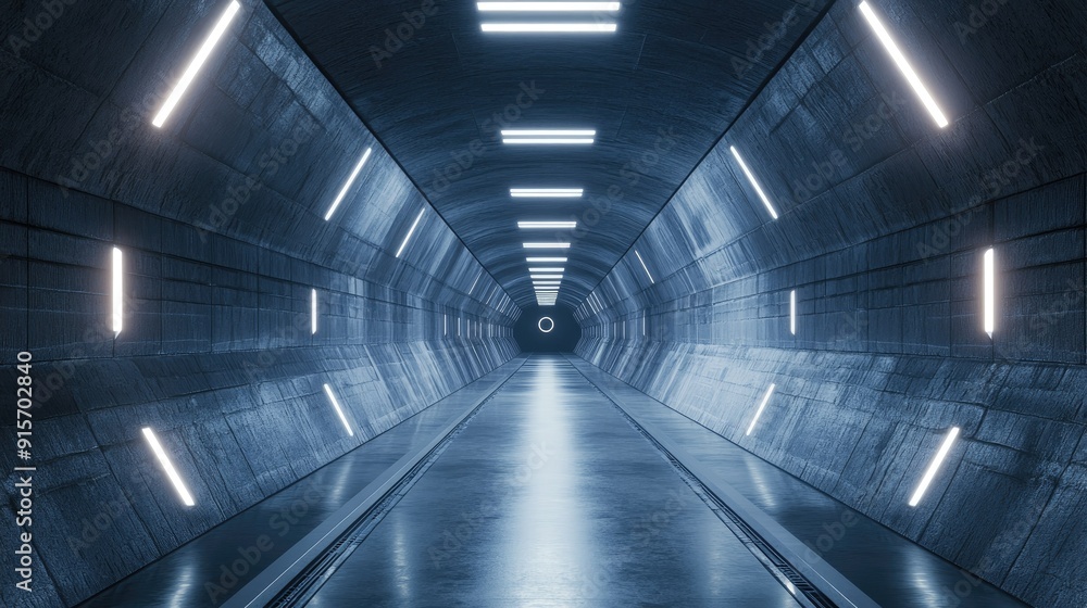 Reflective surfaces in a futuristic hangar tunnel with brick texture. Sci-fi fantasy corridor. 3D rendering. Reflective surfaces in a futuristic hangar tunnel with brick texture. Sci-fi fantasy corridor. 3D rendering.