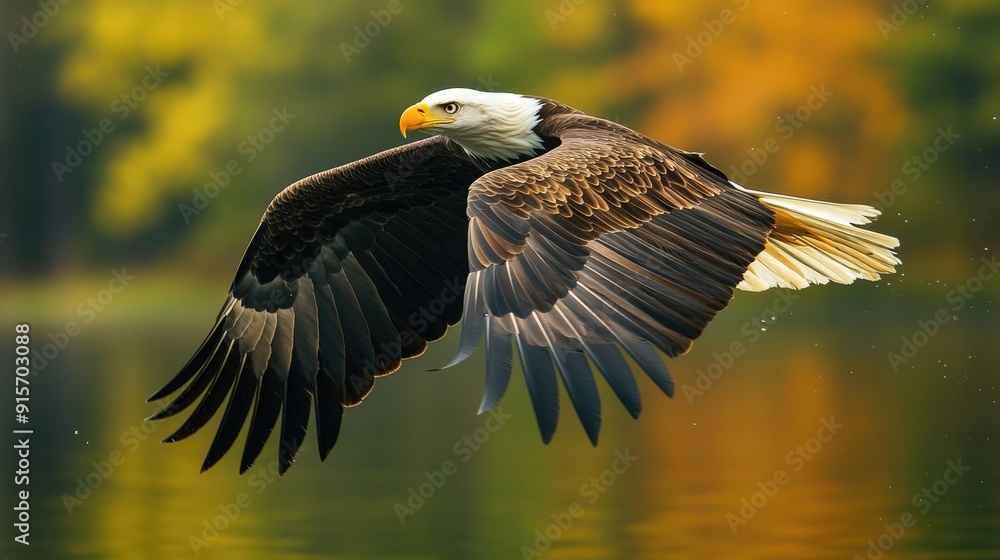 Fototapeta premium Bald Eagle in Flight with Autumn Background