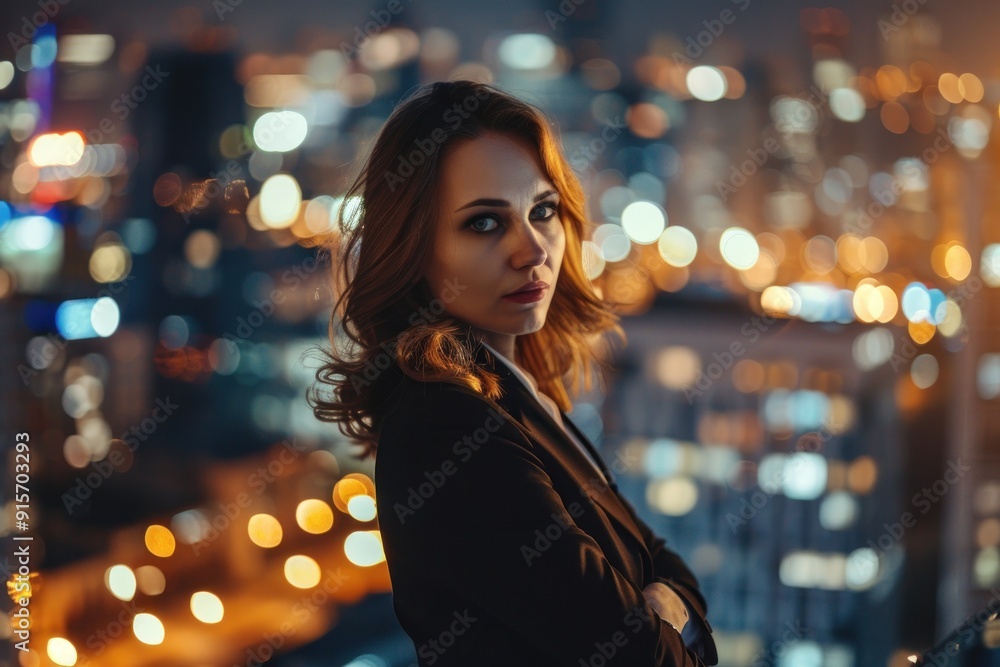 Obraz premium Confident female executive standing before city skyline.