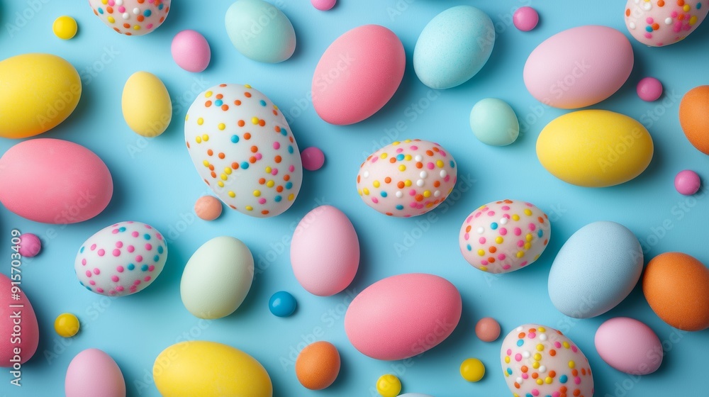 A bunch of colorful Easter eggs are piled on top of each other. The eggs are in various colors, including blue, pink, yellow, and green. Concept of joy and celebration A bunch of colorful Easter eggs are piled on top of each other. The eggs are in various colors, including blue, pink, yellow, and green. Concept of joy and celebration