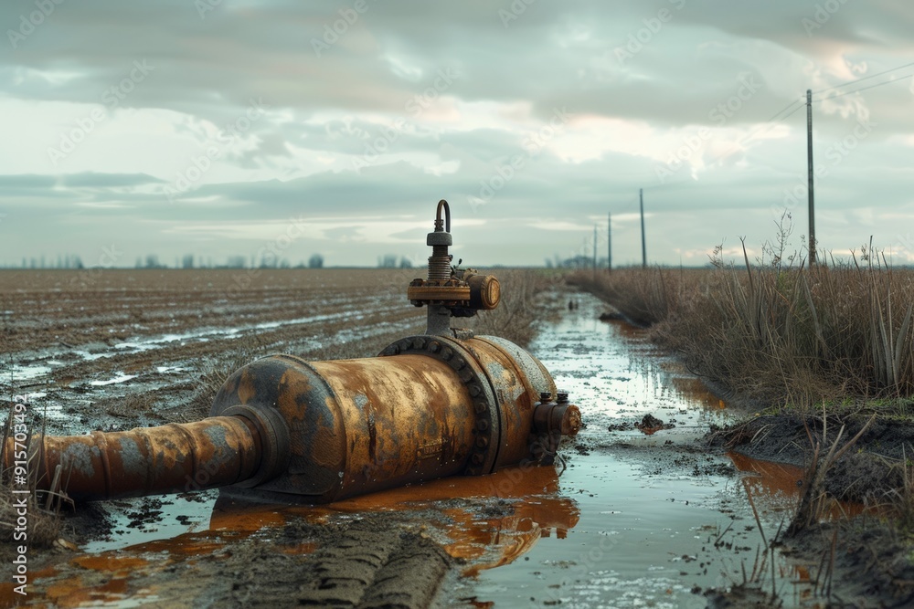 Rusty Pipeline in Field Showing Environmental Decay, Industrial Pollution, Aging Infrastructure amid Rural Setting, environmental concern concept Rusty Pipeline in Field Showing Environmental Decay, Industrial Pollution, Aging Infrastructure amid Rural Setting, environmental concern concept