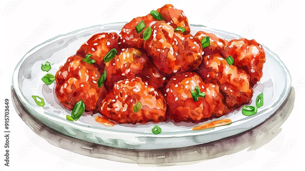 Dakgangjeong (crispy Korean fried chicken) pieces on a plate,Clipart, watercolor illustration, Perfect for nursery art The style is hand drawn, white background Dakgangjeong (crispy Korean fried chicken) pieces on a plate,Clipart, watercolor illustration, Perfect for nursery art The style is hand drawn, white background