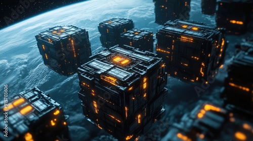Fototapeta Naklejka Na Ścianę i Meble -  Sci-fi space station composed of glowing cubes, orbiting a distant planet. 3D illustration.