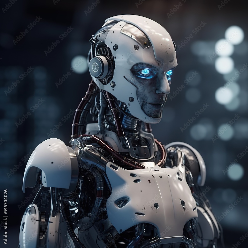Close-up of a futuristic white robot with glowing blue eyes. Close-up of a futuristic white robot with glowing blue eyes.