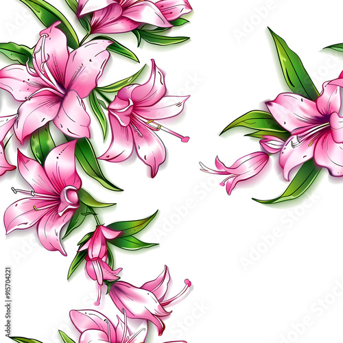  Seamless Watercolor Pink Lilies on a White Background. Abstract Floral 3D Landscape Wall Sticker. HD Seamless Flower Wallpaper